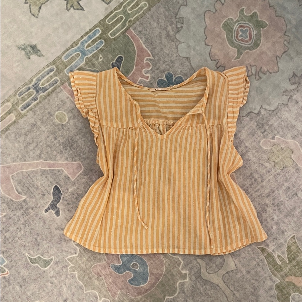 Francesca's Collections Striped Ruffle Sleeve Blouse - Orange and Cream